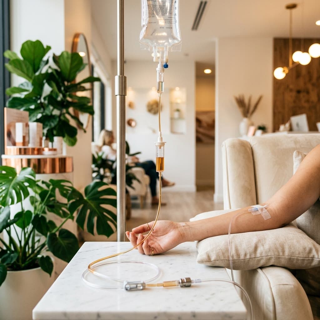 A patient resting in a lounge chair during an IV drip